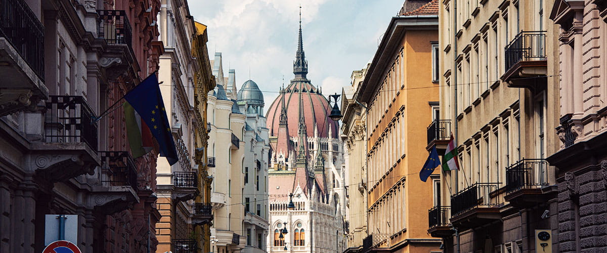 A view down a street in Budapest towards the Parliament Building